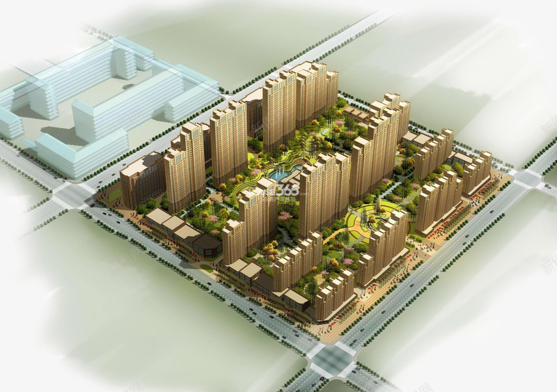 手绘3D城市建筑插画png免抠素材_88icon https://88icon.com 公路 城市 小区 小区鸟瞰图 建筑 手绘 插画 树木 楼房 高楼 鸟瞰图