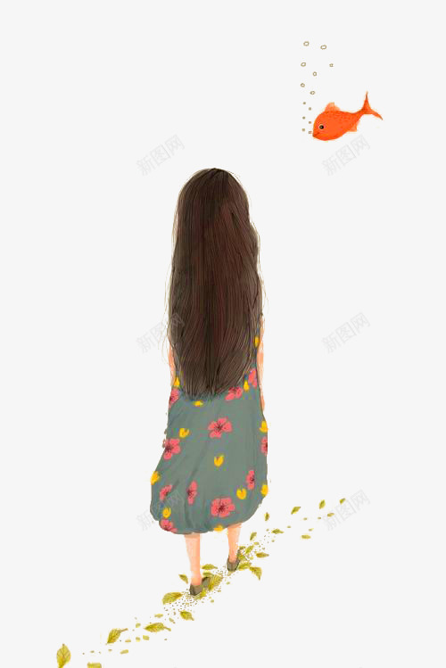 手绘人物png免抠素材_88icon https://88icon.com 可爱 女孩 小女孩 气泡 水泡 离开背影 背影 脚印 足迹 长发 鱼