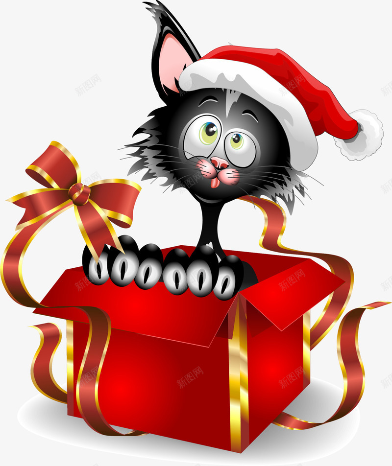 圣诞节可爱黑色猫咪png免抠素材_88icon https://88icon.com 可爱猫咪 圣诞节猫咪 红色圣诞帽 红色盒子 红色蝴蝶结 黑色猫咪