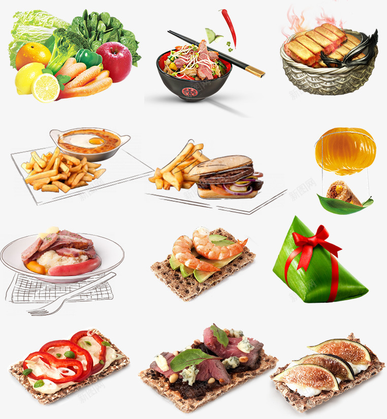 丰富的主食psd免抠素材_88icon https://88icon.com 手绘的食物 粽子 蔬菜 面条 餐点