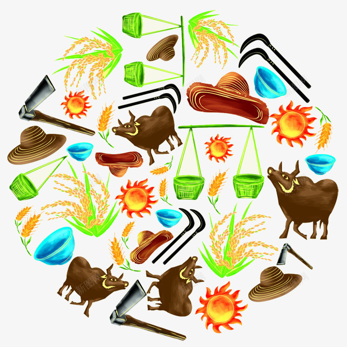 农耕图画png免抠素材_88icon https://88icon.com 丰收 农具 农耕 农耕图 太阳 扁担 牛 碗 稻穗 竹篮 草帽 金色麦穗 锄头 镰刀 麦穗 黃色稻穗