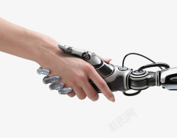 蓝色机械手臂人类和机器人握手高清图片