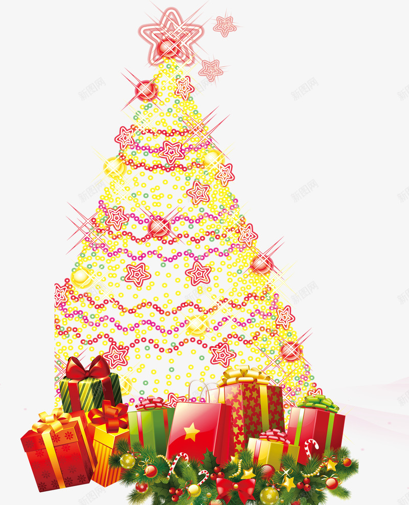 金色圣诞树png免抠素材_88icon https://88icon.com 发光圣诞树 圣诞节 圣诞节海报装饰素材 彩色盒子 星星 礼物堆 礼物盒 金色