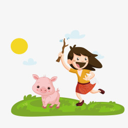 小女孩和小猪矢量图素材