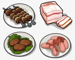 卡通烤肉串与肉类美食插画素素材
