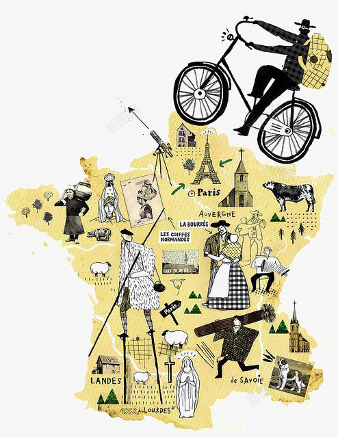 卡通创意复古插画png免抠素材_88icon https://88icon.com 交通工具 低碳 单车 地图 埃菲尔铁塔 奶牛 插画 旅游 旅行 欧式 环保 自行车 骑行 骑车