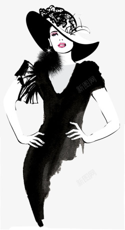 黑色帽子手绘时尚女人高清图片