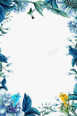 蓝色主题花草植物边框素材