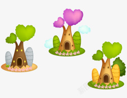 卡通彩色树形房子心形树叶矢量图素材