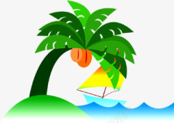 夏日手绘沙滩轮船椰子树素材