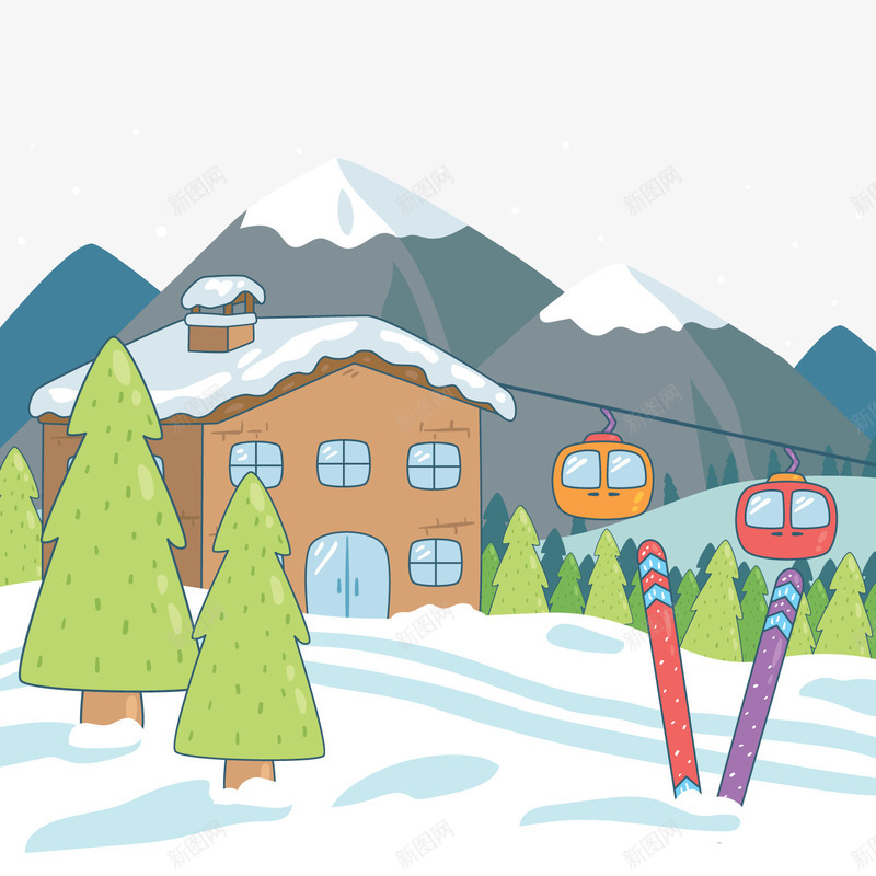 卡通冬季滑雪场风景png免抠素材_88icon https://88icon.com 下雪 冬季装饰 卡通滑雪场 树木 缆车