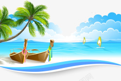 手绘小船帆船海边风景素材