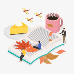 场景下载秋季书本落叶休闲咖啡创意扁平场矢量图高清图片