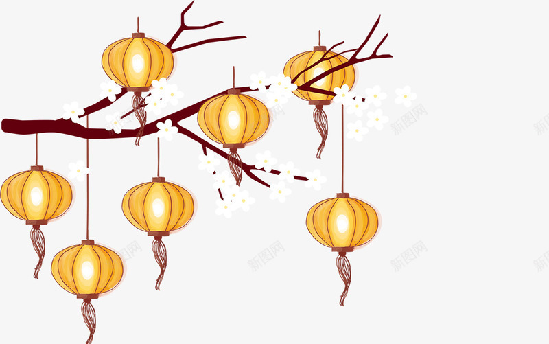 金色灯笼白梅花png免抠素材_88icon https://88icon.com banner装饰 新年 白梅花 金灯笼