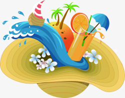 夏季沙滩帽海浪果汁海报素材