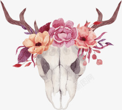 尸骨戴着花朵的麋鹿头骨高清图片