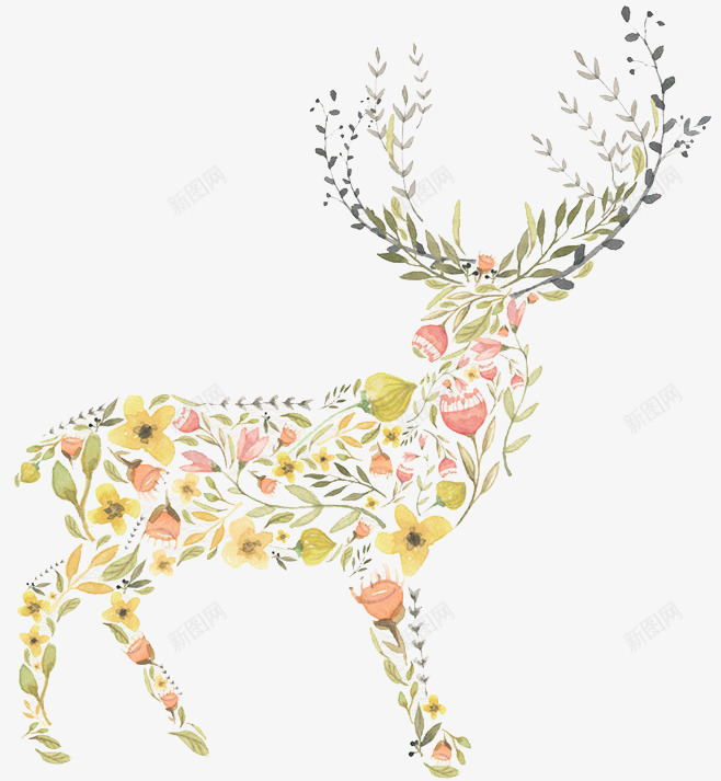 花和树枝拼成的黄色小鹿png免抠素材_88icon https://88icon.com 手绘 植物 美丽 花