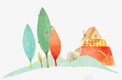 水彩手绘树木房屋装饰图案素材