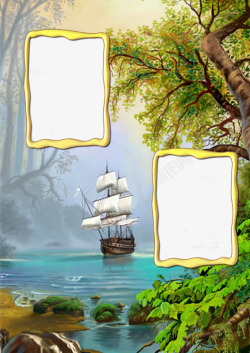 金色帆船树林背景金色边框高清图片