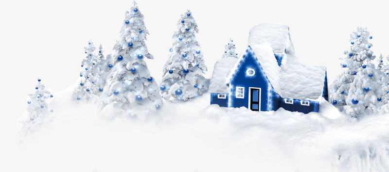 冰雪小屋png免抠素材_88icon https://88icon.com 冬天的雪景 圣诞树 树木 蓝色小房子