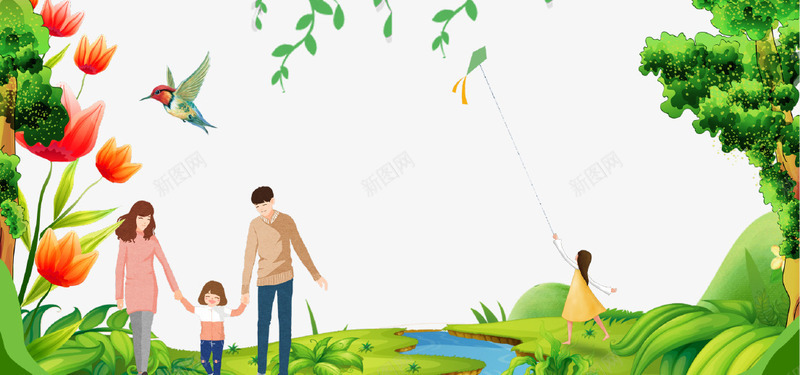 绿色卡通清新春游海报bannerpsd设计背景_88icon https://88icon.com banner 一家人 卡通 幸福 插画 旅行 春游 海报 绿色