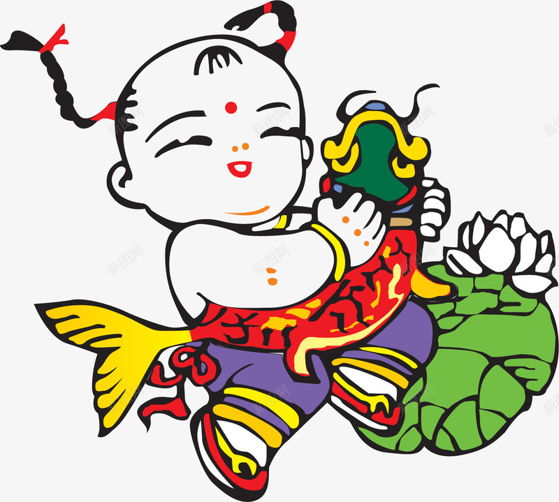 手绘福娃抱鱼png免抠素材_88icon https://88icon.com 年画 手绘 福娃抱鱼