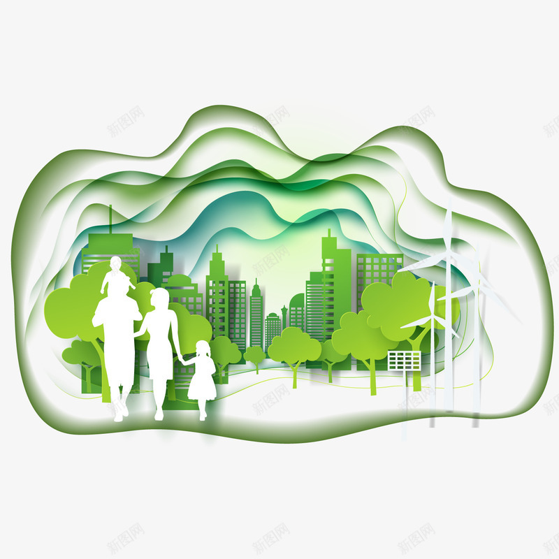 绿色生态城市和家庭剪影png免抠素材_88icon https://88icon.com 环保素材 生态城市 绿色