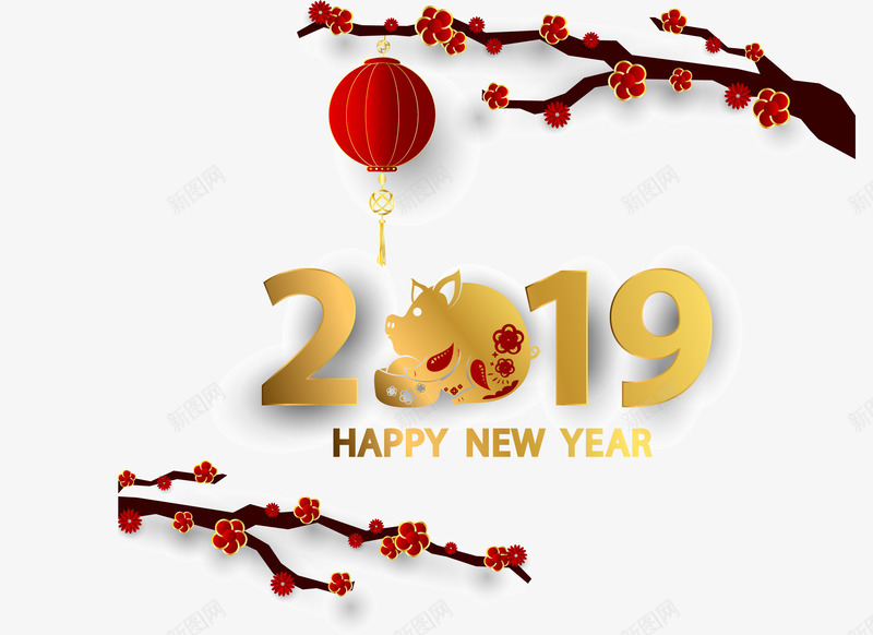 2019年新年装饰图案插画矢量图ai免抠素材_88icon https://88icon.com 2019年 小猪 插画 新年 梅花 灯笼 装饰图案 金色 矢量图