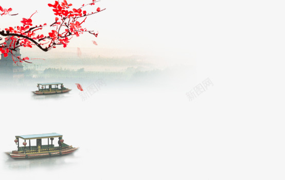 中国风山水画psd免抠素材_88icon https://88icon.com 山水画 山水画壁纸 梅花 河流 流水 船只  海报装饰 山水素材 远景