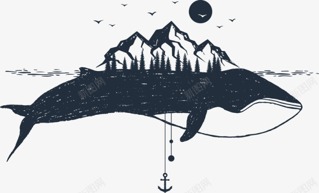 太阳鲸鱼黑白花臂图案矢量图图标图标