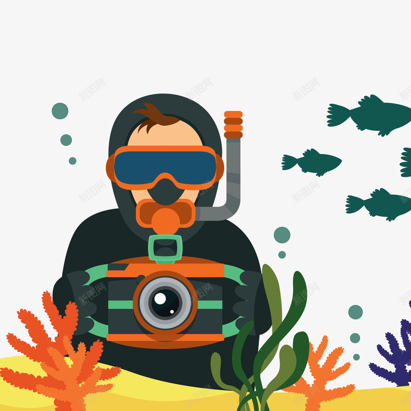 卡通手绘海底的潜水人员png免抠素材_88icon https://88icon.com 人物 拍摄 海底 潜水员 照相机 风景