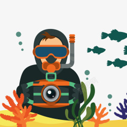 海底风景卡通手绘海底的潜水人员高清图片