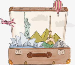 棕色手绘旅游行李箱矢量图素材