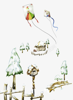 手绘梦幻郊外雪景风景插画素材