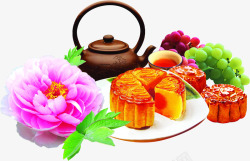 中秋节月饼茶壶花朵素材