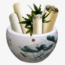 竹子书卷瓷碗背景图标图标