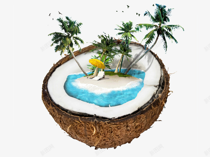 创意椰子海边风光png免抠素材_88icon https://88icon.com 创意 椰子壳 椰树 沙滩 海南风光 海边
