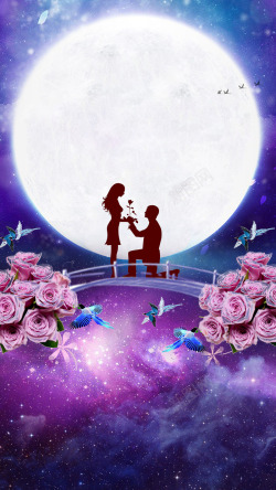扁平星空月下浪漫的情人高清图片