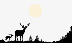 鹿剪影矢量图手绘黑白鹿山顶树林月亮剪影高清图片
