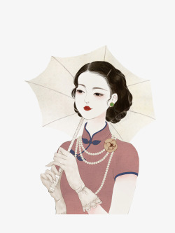 手绘民国美女手绘人物穿旗袍撑着伞的美女高清图片