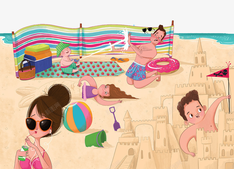 全家人在沙滩玩耍png免抠素材_88icon https://88icon.com 创意设计 卡通人物动物 手绘插画