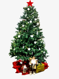 红色五角星挂满白色灯的圣诞树高清图片