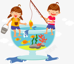 鱼缸上面钓鱼的儿童矢量图素材