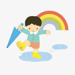 卡通可爱插图拿雨伞走在水洼中的素材
