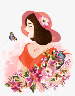 妇女节花卉手绘插画女孩五高清图片