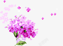 手绘绿叶紫色花朵素材