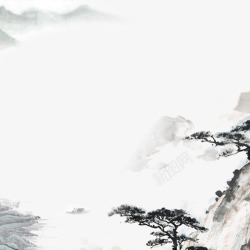 松树平面水墨云间山水国画高清图片