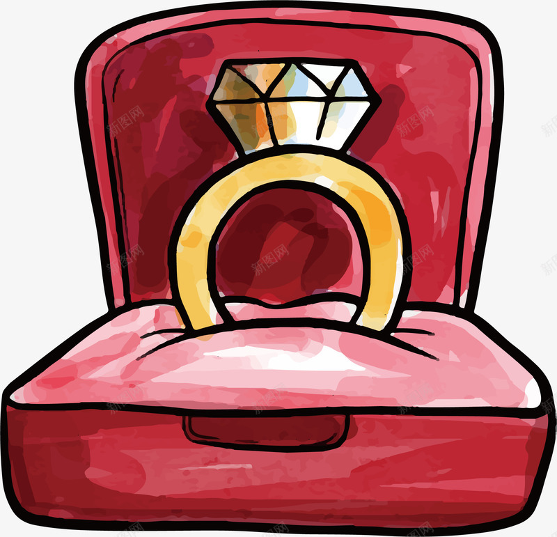 手绘水彩红色钻戒盒子矢量图ai免抠素材_88icon https://88icon.com 手绘钻戒 水彩钻戒 求婚钻戒 矢量png 红色盒子 钻戒 矢量图