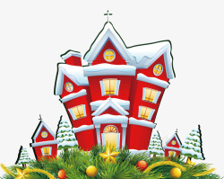 卡通红色房屋和松树叶素材