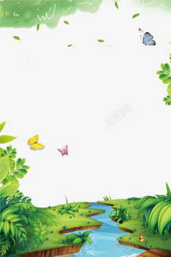 绿色清新手绘蝴蝶树叶背景素材